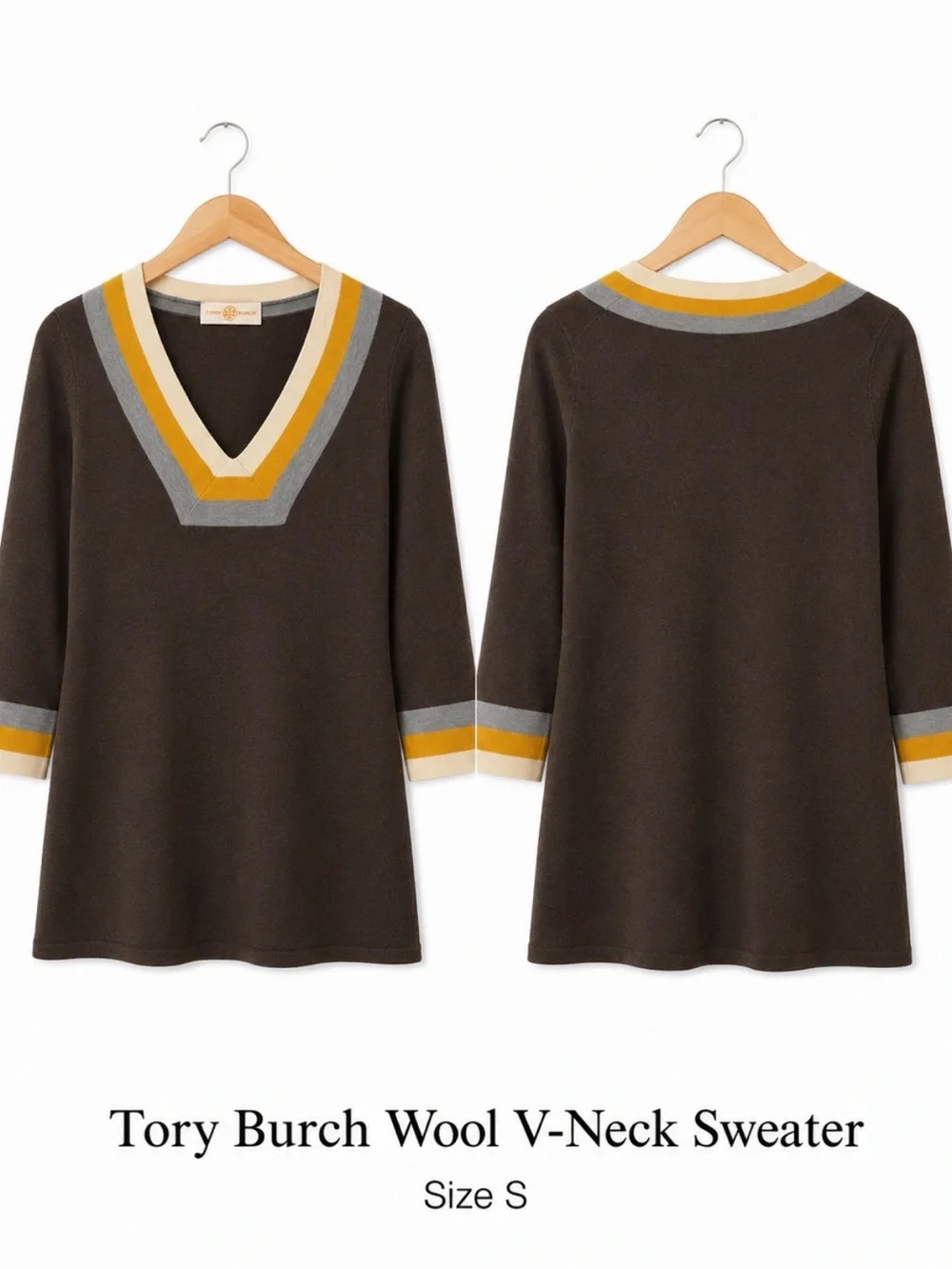 Tory Burch 100% Wool V-Neck Tunic Sweater Brown Stripe Size S